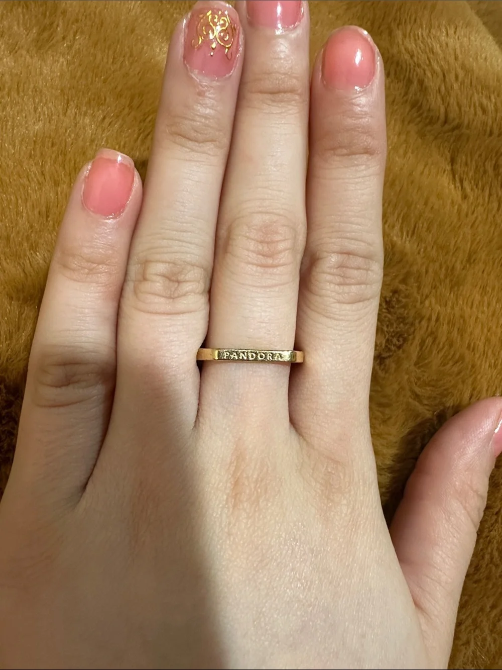 Pandora Gold Logo Slim Band Ring with Pink Nails